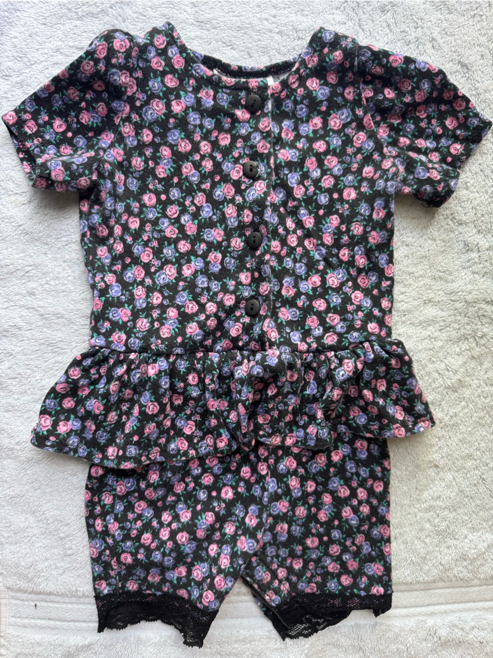 Vintage 24M Floral Bubble Romper Button Front Black Pink Purple Lace Puff Sleeve